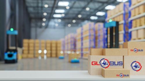 White table top blur and packing box in industrial plant.